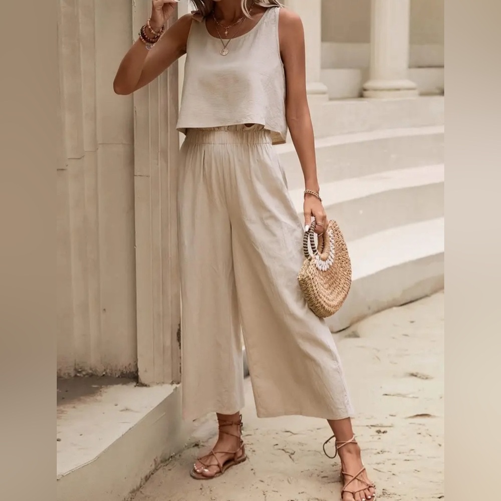 TawnyTwo-piece Set, U Neck Crop Tank Top & Wide Leg Elastic Waist Pants Outfits
